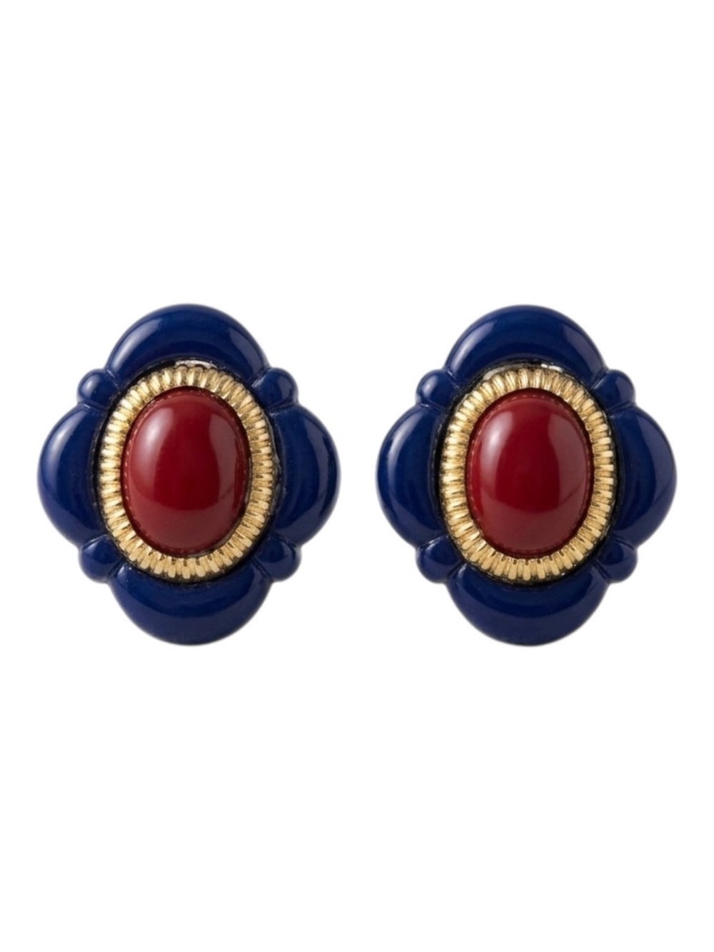 Avon Vtg. Navy Blue and Red Gold-Accent Oval Stud Earrings